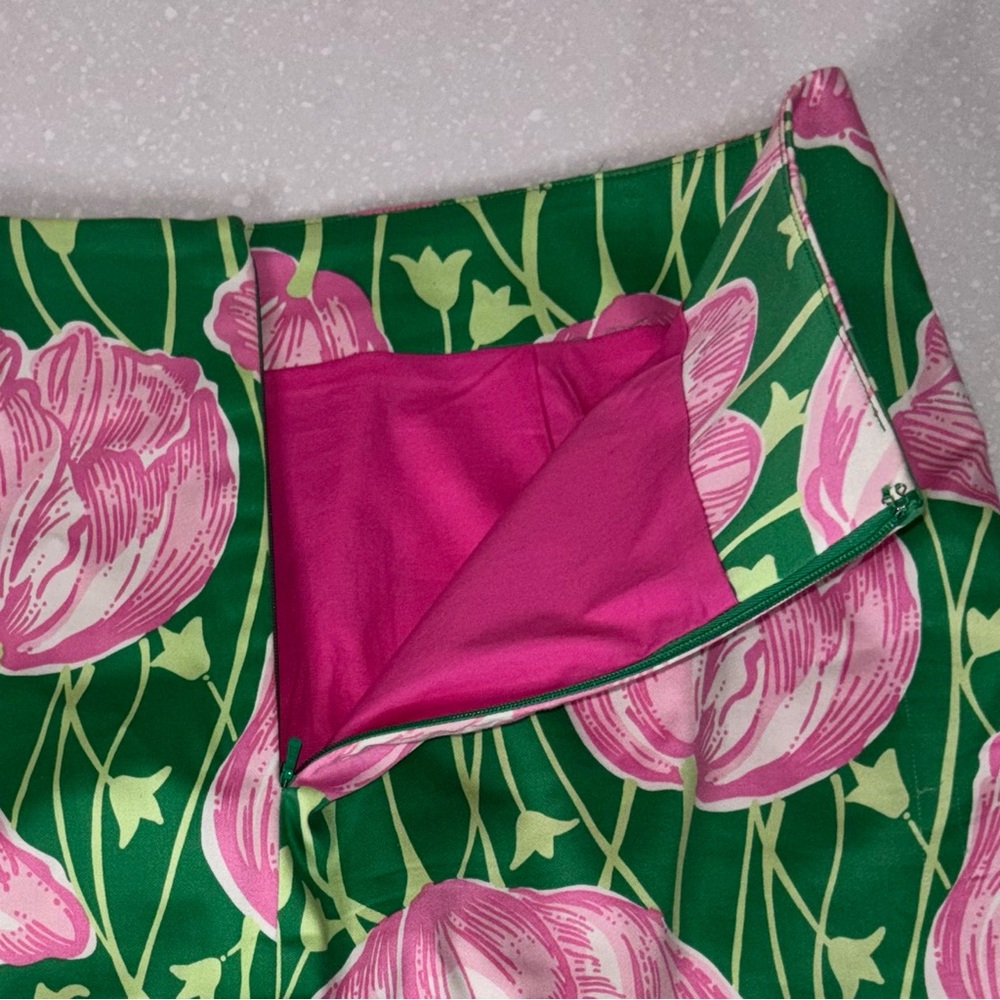 Lilly Pulitzer Size 8 Tulip Print Mini Skirt Green Pink Lace Hem Lined Cotton - Picture 6 of 6